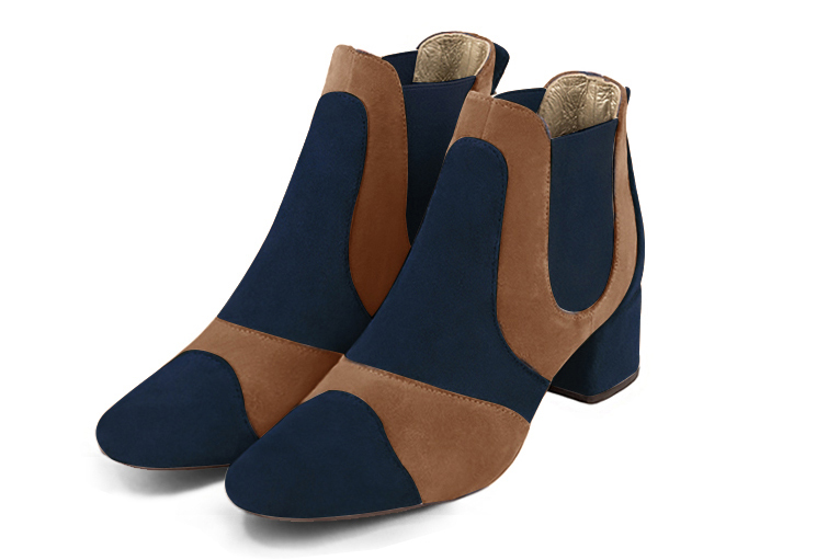 Navy blue and camel beige women's ankle boots, with elastics. Round toe. Low flare heels. Front view - Florence KOOIJMAN